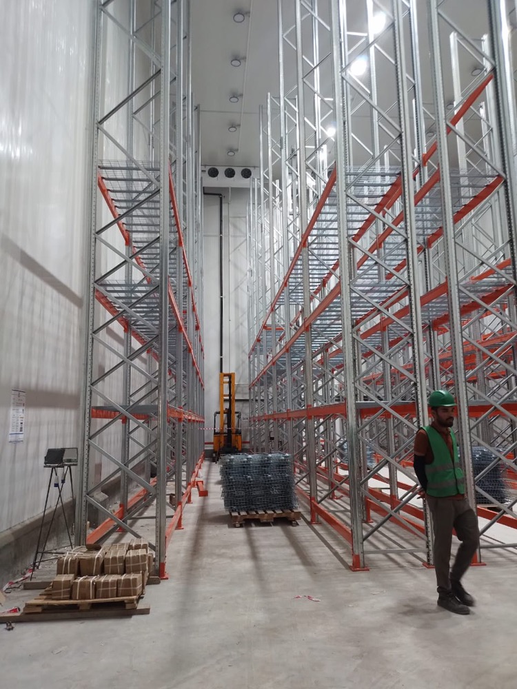 Beverage cold storage operating environment at Coca-Cola Lahore — racks fully loaded with pallets, sealed insulated doors at the loading interface