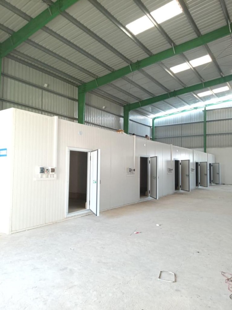 Cold storage chamber in the USAID banana ripening complex, Sindh — PIR-clad envelope under ceiling lighting