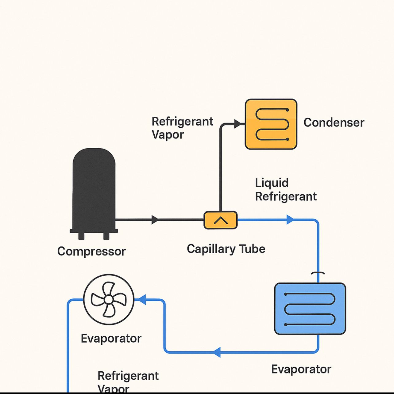 Freon refrigeration cycle diagram showing compressor, condenser, expansion valve, and evaporator with refrigerant flow path