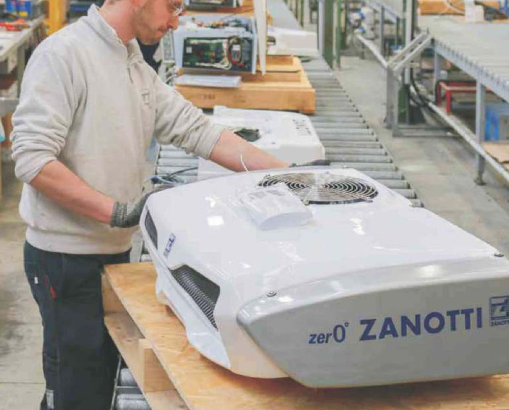 A Zanotti zer0 refrigeration unit on the assembly line before it is fitted to a refrigerated truck body